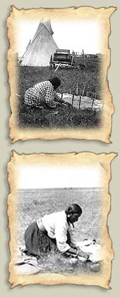 Blood woman tanning hide at Blood reserve, 1931, T. Reiss, Glenbow Archives NA-5425-137; Blood woman, southern Alberta, treating hide, 1904, Glenbow Archives NA-2313-16