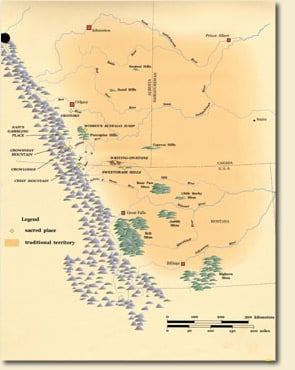 Traditional Map. The Blackfoot's traditional territory spread eastward from the Rocky Mountains, across the northwestern plains. Courtesy of Glenbow Museum.