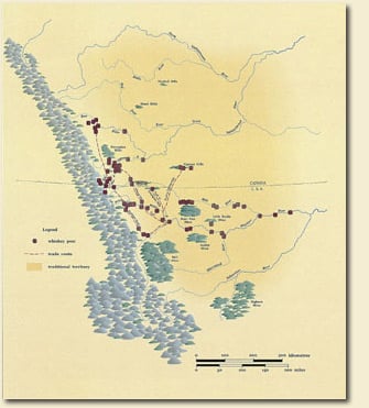 Carte de l’emplacement des postes de traite de whiskey. Ces Américains offrent surtout comme produit de traite du naapiaohkii (whiskey), dont les effets sur les Pieds-Noirs sont désastreux. Reproduite avec la permission du musée Glenbow. 