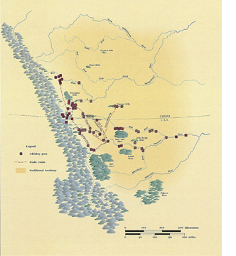 Carte de l’emplacement des postes de traite de whiskey. Ces Américains offrent surtout comme produit de traite du naapiaohkii (whiskey), dont les effets sur les Pieds-Noirs sont désastreux. Reproduite avec la permission du musée Glenbow. 