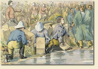 First Whiskey Spilled [Premier whiskey répandu], aquarelle et crayon, La Police à cheval du Nord-Ouest est envoyée dans l’ouest pour expulser les Américains qui font le commerce du whiskey et pour rétablir l’ordre, 1874, R.B. Nevitt. Collection du musée Glenbow 74.7.11