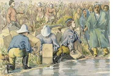 R.B. Nevitt, First Whiskey Spilled, 1874, watercolour and pencil. Collection of Glenbow Museum 74.7.11.The North-West Mounted Police were sent west to evict the Americanwhiskey traders and restore order.