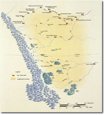 Trading Posts. The Blackfoot welcomed the fur traders for the new tools they brought. But they did not want the fur traders to build permanent forts in their territory. The forts were built around the edges of Blackfoot territory. Courtesy of Glenbow Museum.