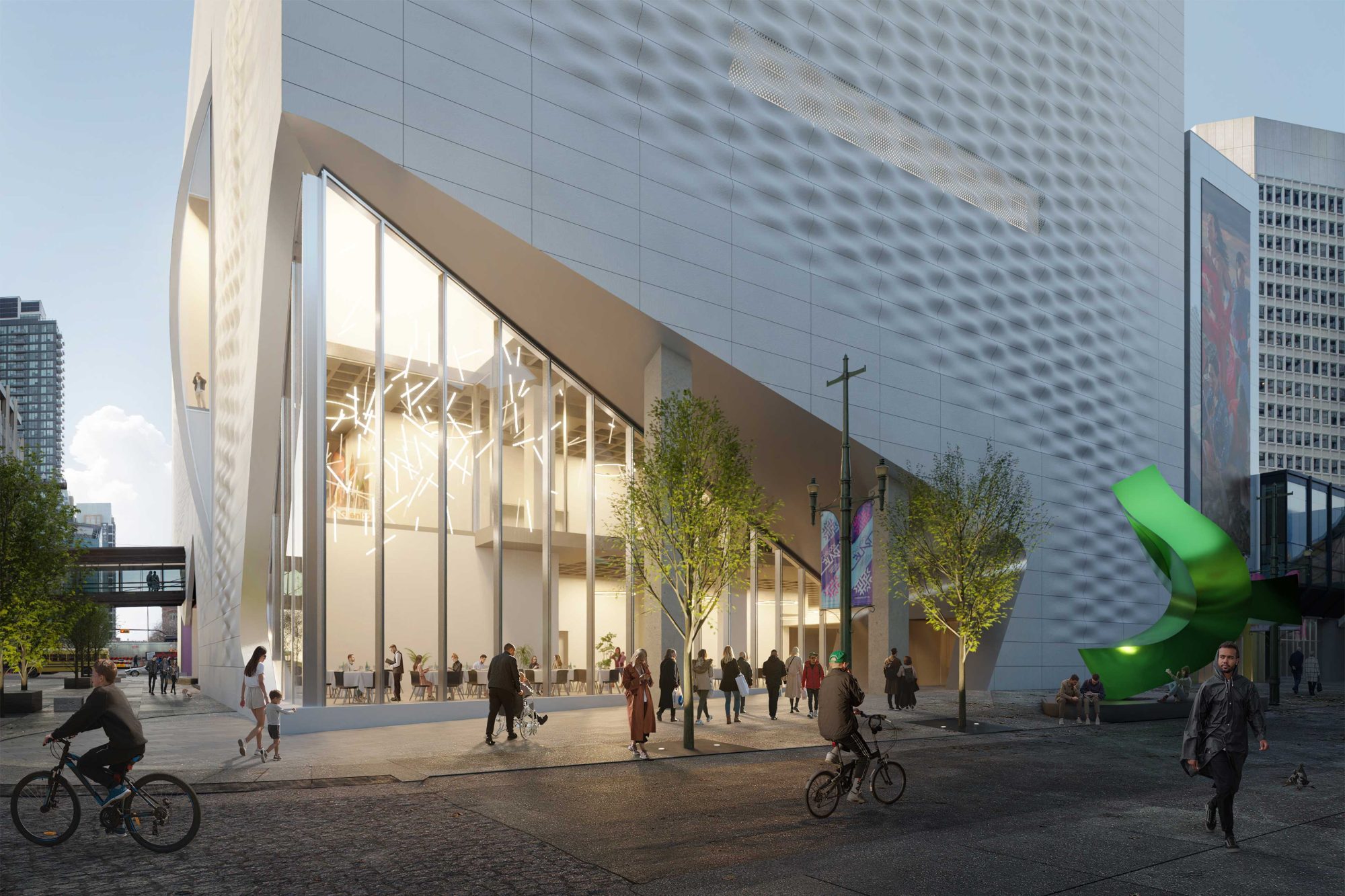 Concept drawing of the new museum entrance. The bright exterior includes plenty of windows, glass surrounding the door, and a welcoming entrance.