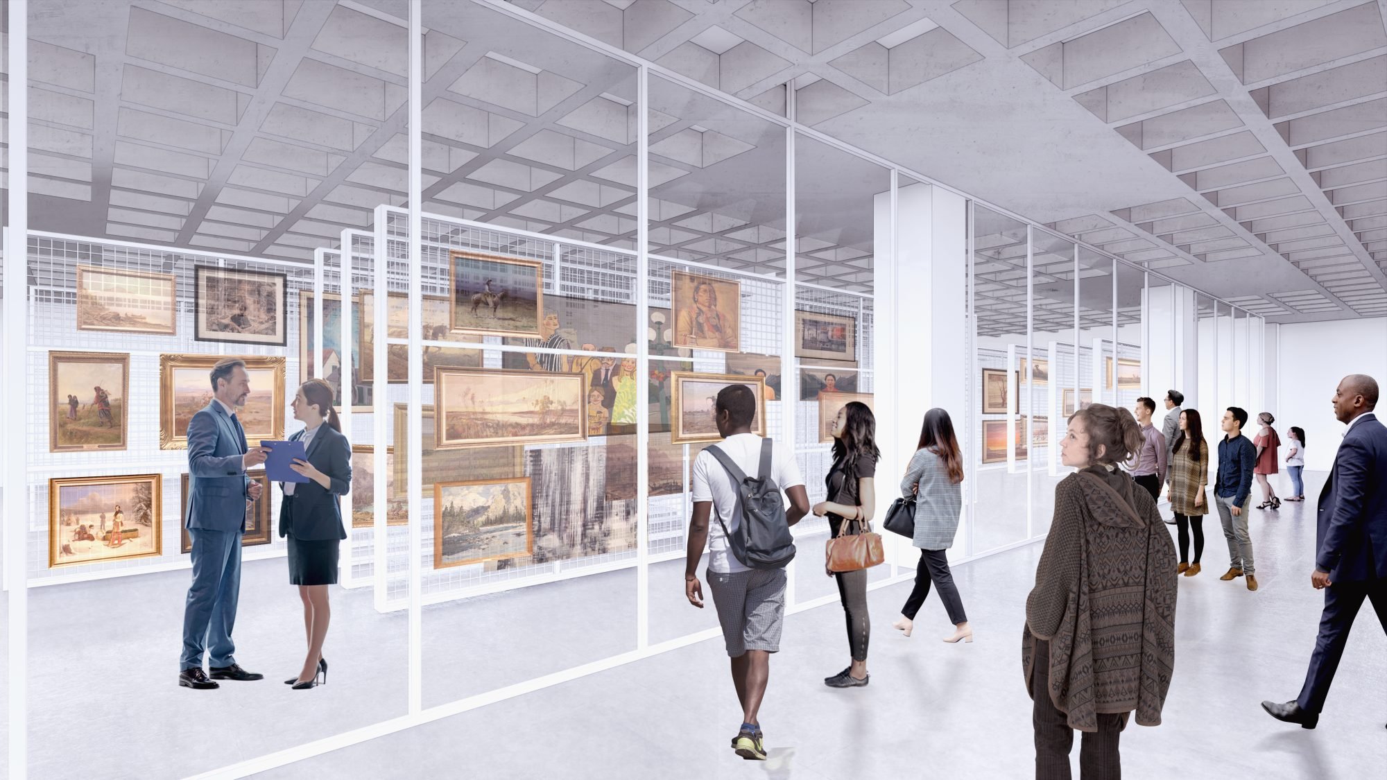 An illustration of Glenbow's new, visible art storage racks, with visitors looking in to the art storage space.