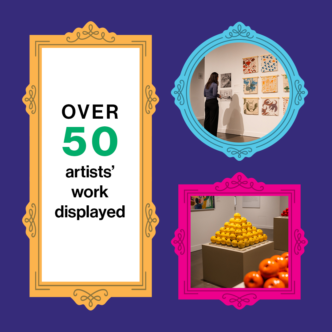 Over 50 artists' work displayed. Ceramic fruit and printed textiles shown next to the text.