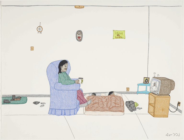 A colourful pencil crayon drawing of a woman watching TV.