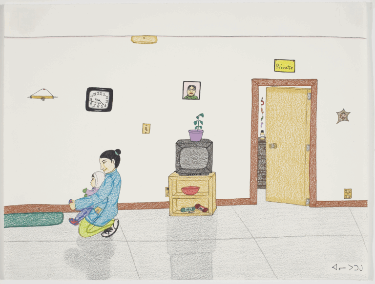 A colourful pencil crayon drawing of a woman putting on a child's boots.