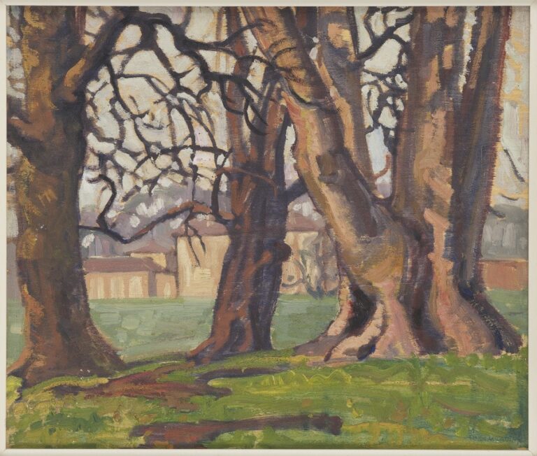 A painting of trees in a grassy field.