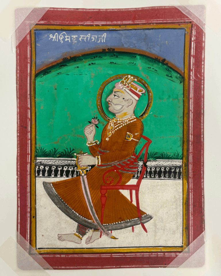 A painting of a South Asian man sitting in a red chair against a green background.
