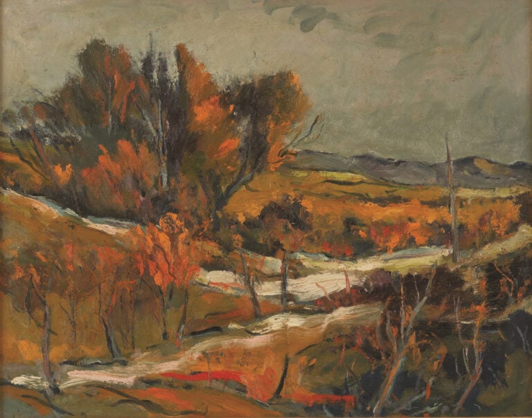 A painting of trees in autumn.