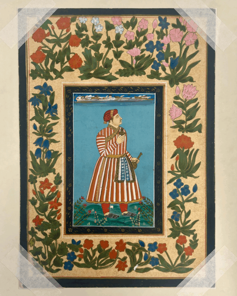 A South Asian man in red and white striped clothing holds two vessels against a blue background. A floral border surrounds the painting.