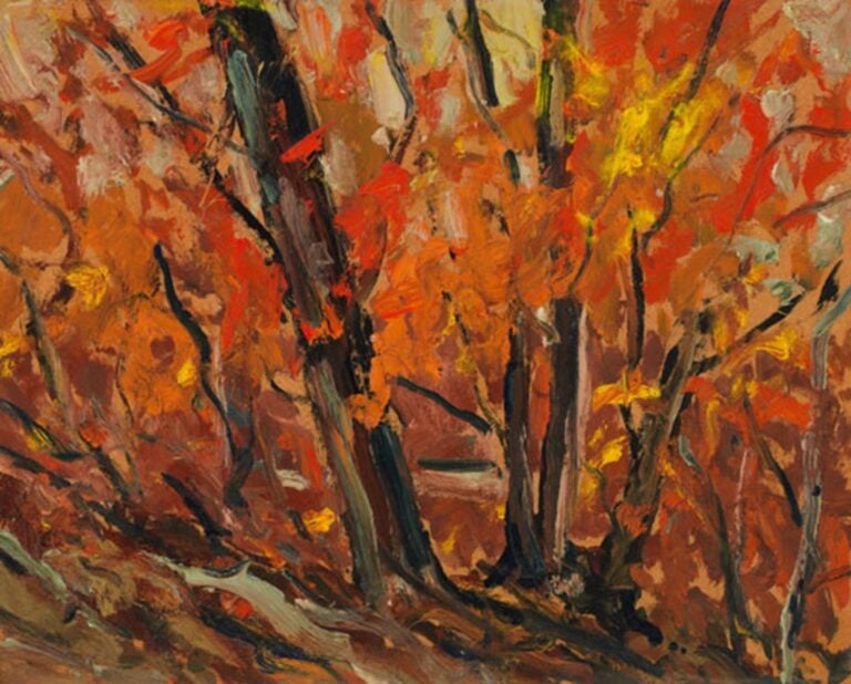 A painting of trees in autumn.