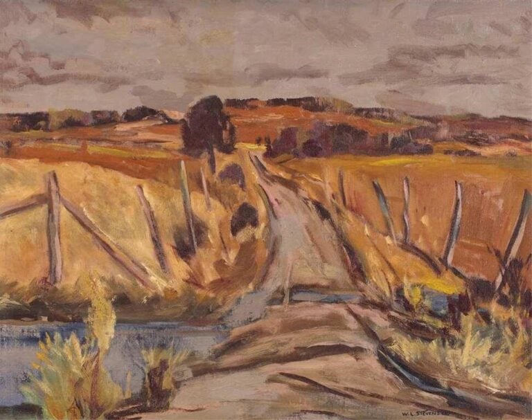 A painting of a path through a field in autumn.