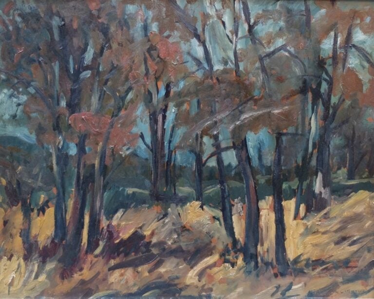 A painting of trees in autumn.