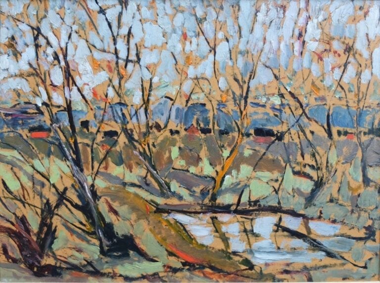 A painting of trees in autumn.