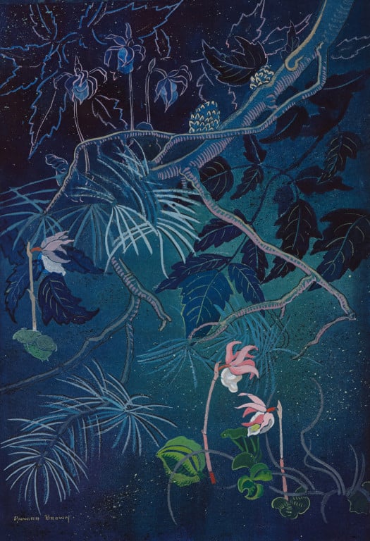 A painting of pink flowers against a dark blue background.