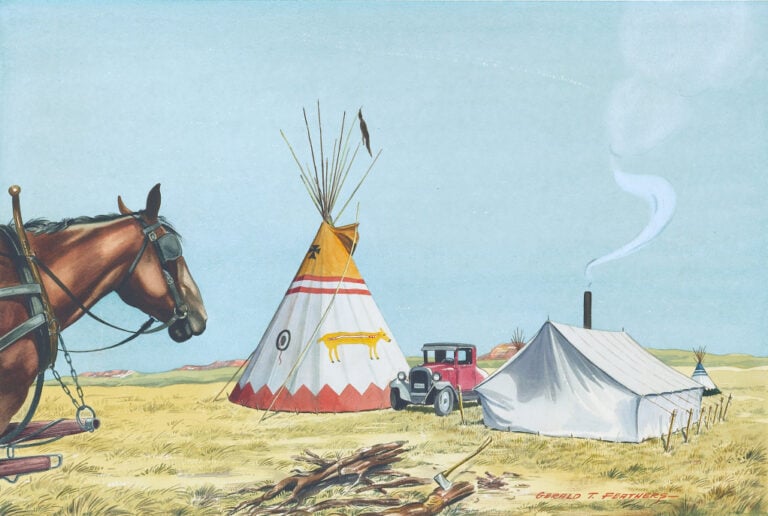 A painting of a horse, tipi, car, and tent.