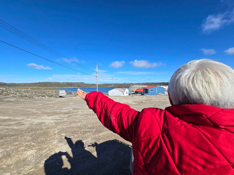 A woman in a warm coat points across a large expanse toward something in the distance