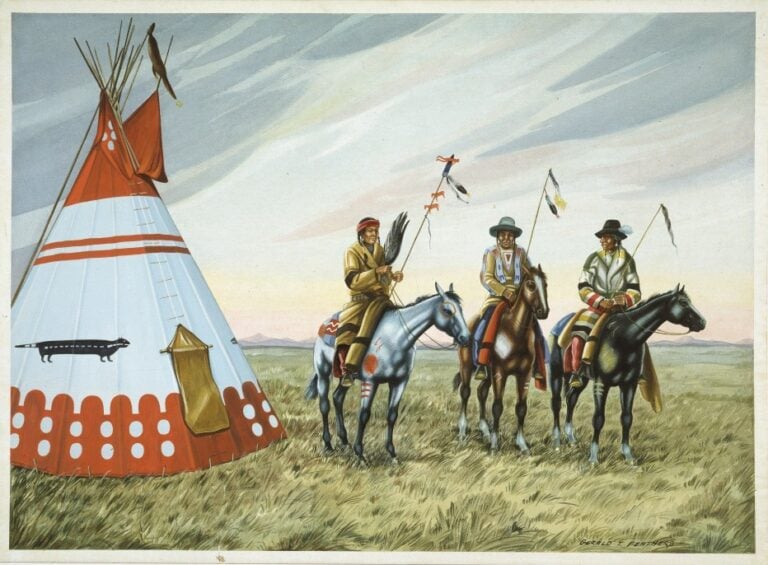 A painting of a tipi and three men on horses.