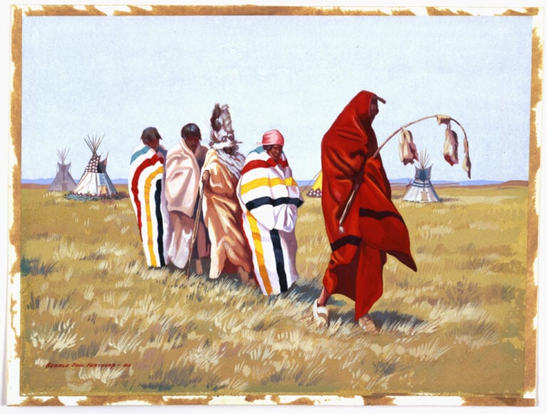 A painting of five Blackfoot people in a procession.