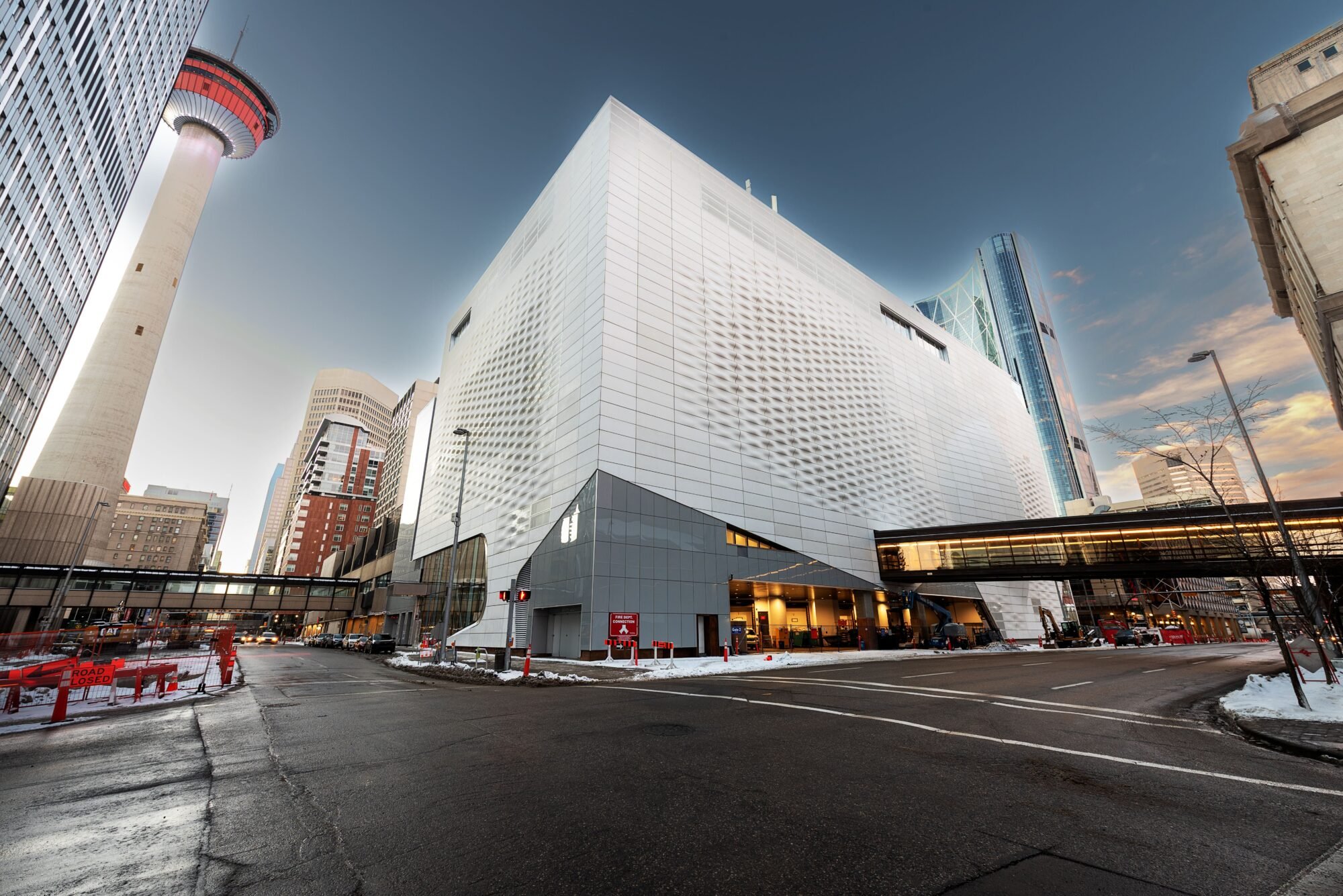 A large, white, textured building.