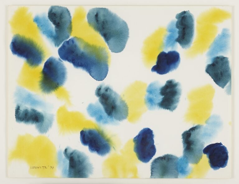 A watercolour painting of abstract shapes in blue and yellow.