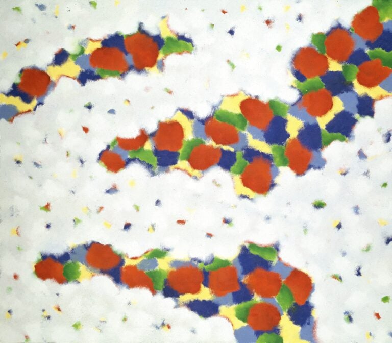 An oil painting of abstract shapes in red, blue, yellow, and green.