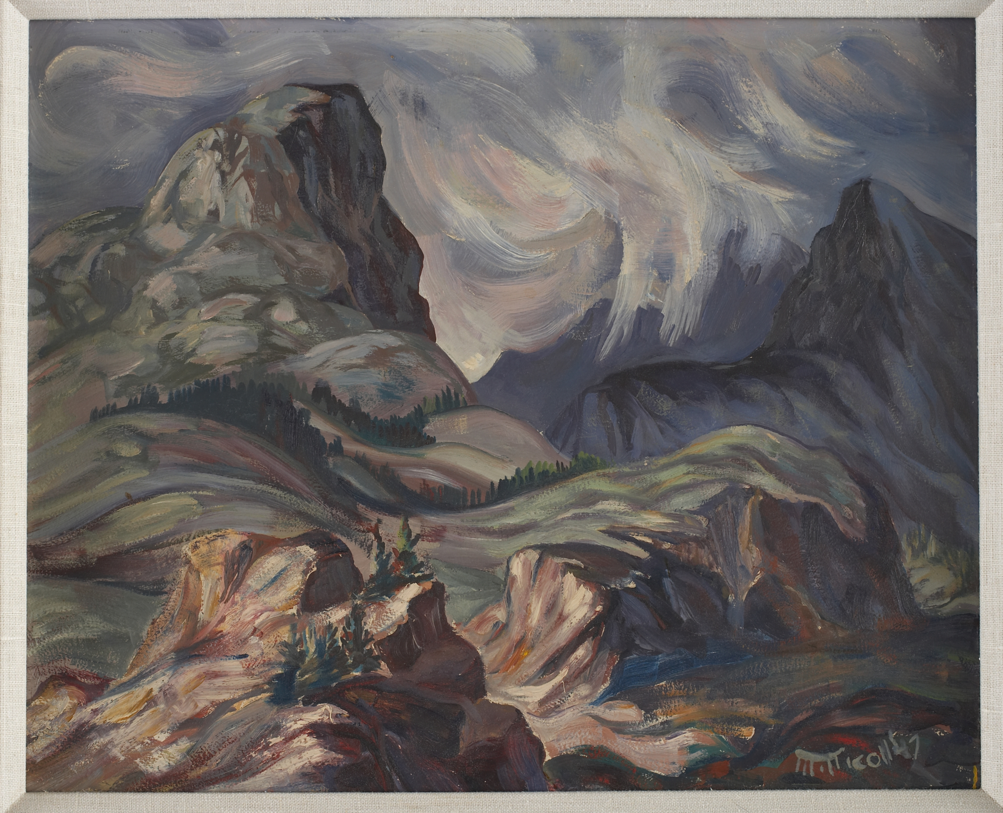 An oil painting of a mountain landscape in dark colours.