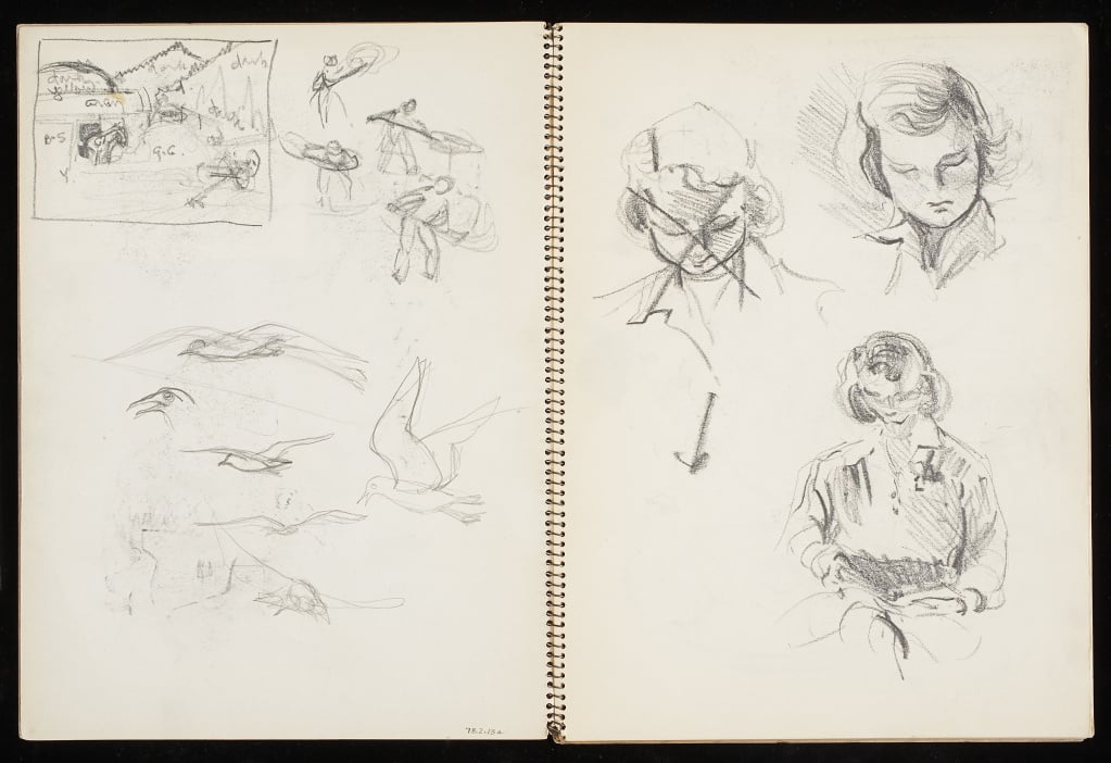 Two pages of a notebook are open, revealing pencil sketches of faces, someone playing hockey, and birds