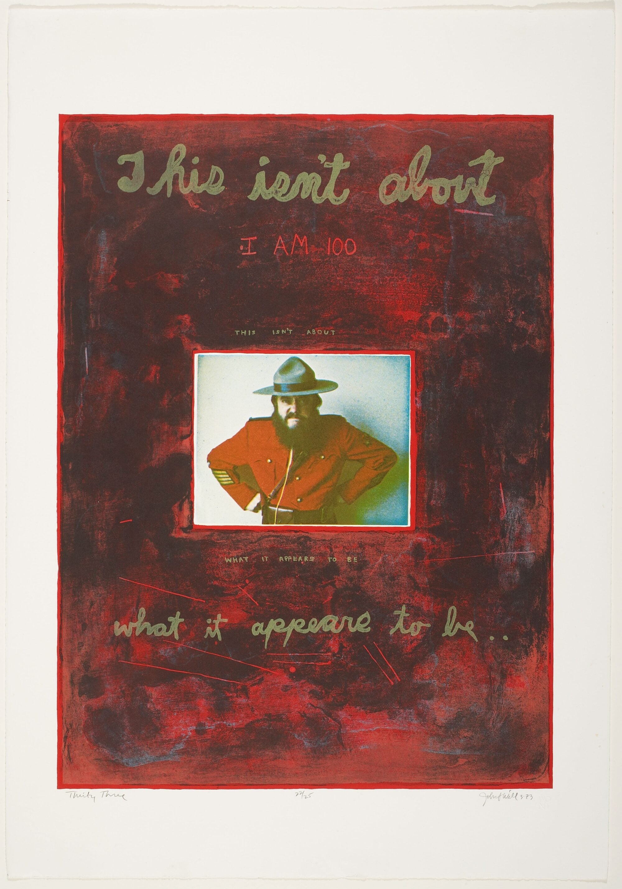 A photograph of a man with hands on hips in an RCMP outfit against a background of maroon paint.
